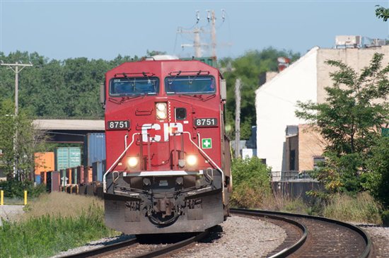 Canadian Pacific's lone ES44AC (No 8751), leaning into the curve with train 182, the Minneapolis-Chicago intermodal, a modern-day successor to Milwaukee Road’s “Sprint” piggyback train.