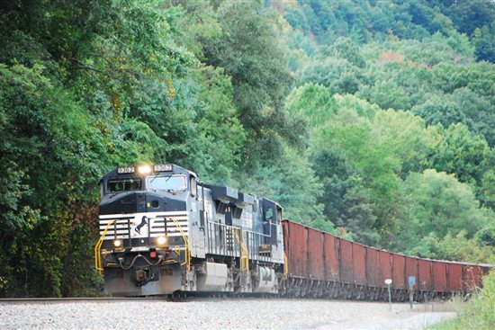 Norfolk Southern eastbound rock train, better than 50 cars long, on its way to a Duke Power's coal-fired steam plant in the Charlotte area.