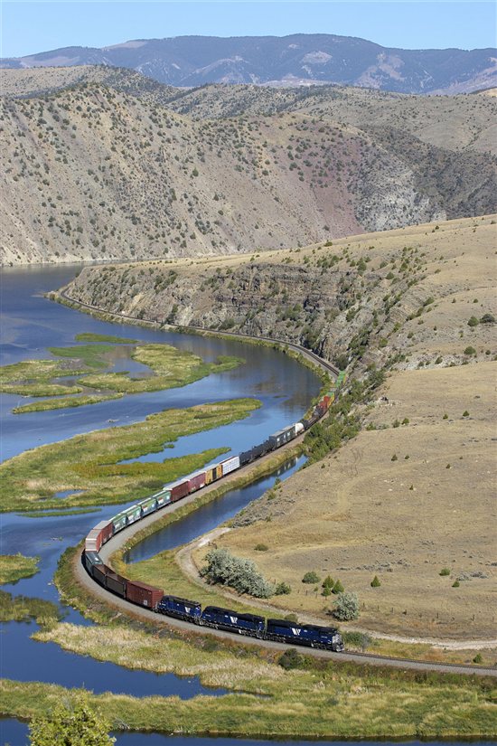 Montana Rail Link ML (Missoula-Laurel) freight negotiates the curves through Lombard Canyon