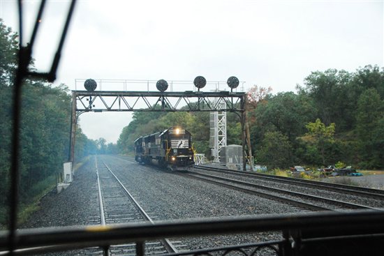 A pair of NS light helpers pace the rear of the excursion train descending into Altoona, Pa. from Horseshoe Curve on Oct. 1. 
