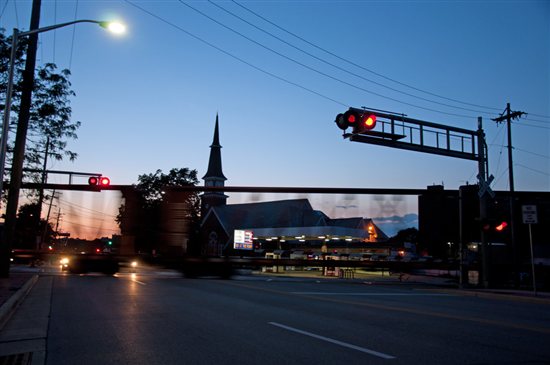 Canadian National freight crossing Broadway in downtown Waukesha at 8:28 p.m. on August 11